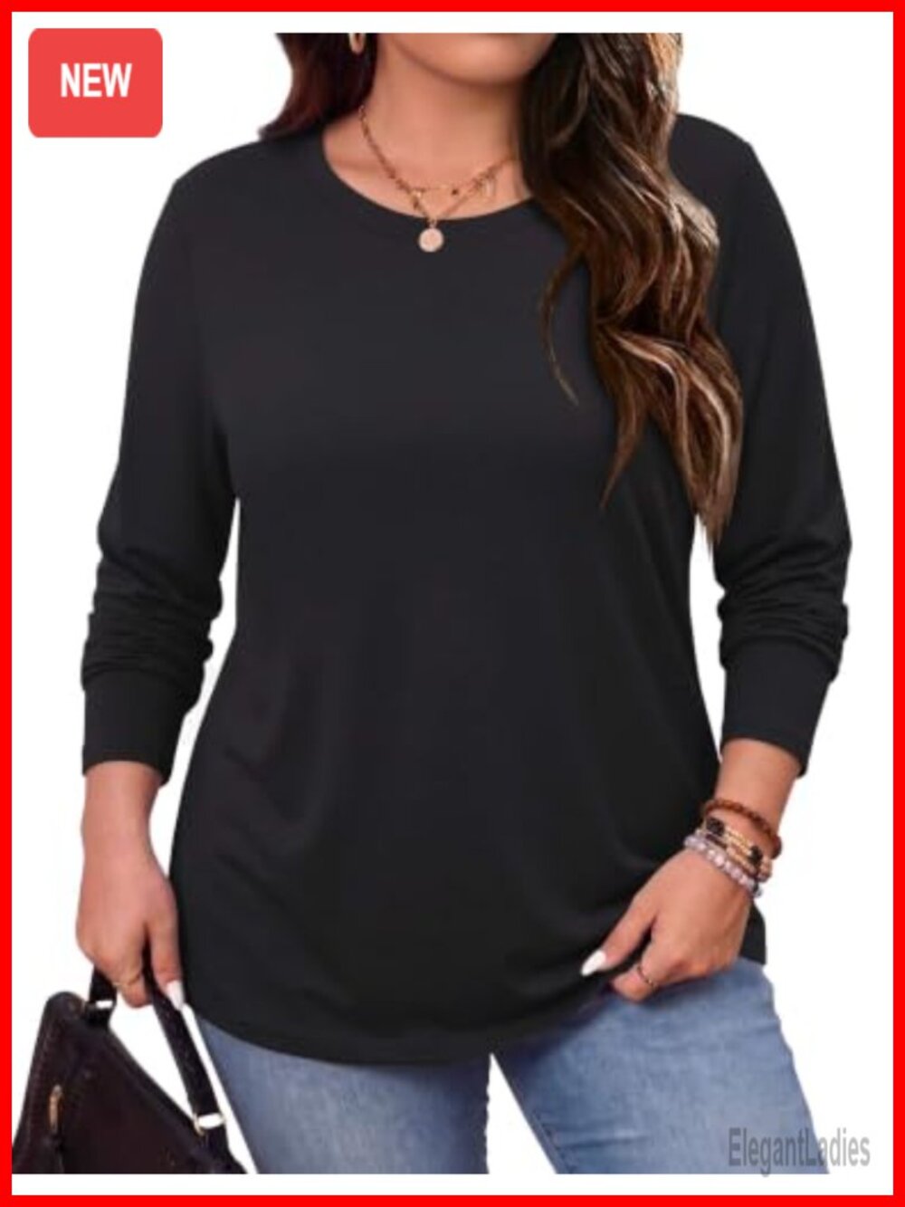 Womens Plus Size Long Sleeve Crew Neck Basic Tee Loose Fit T-Shirt